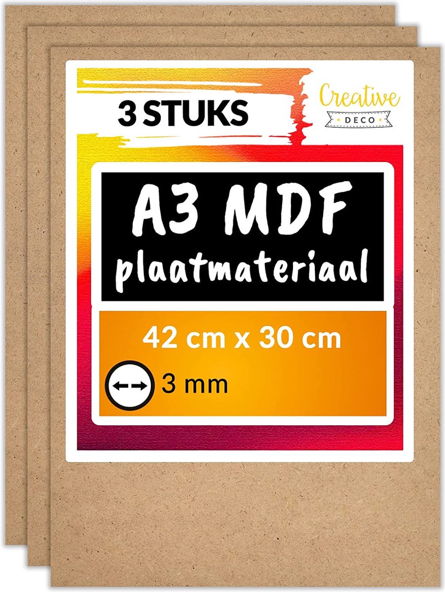 Creative Deco 3 x A3 MDF - Plaat | 420 x 300 x 3 mm | Perfect voor Lasersnijden, CNC - Frezen, Modelleren, Freeswerk